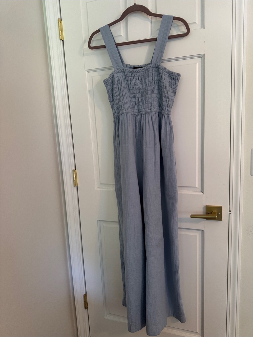 Quince blue gauze jumpsuit with smocked top and pockets